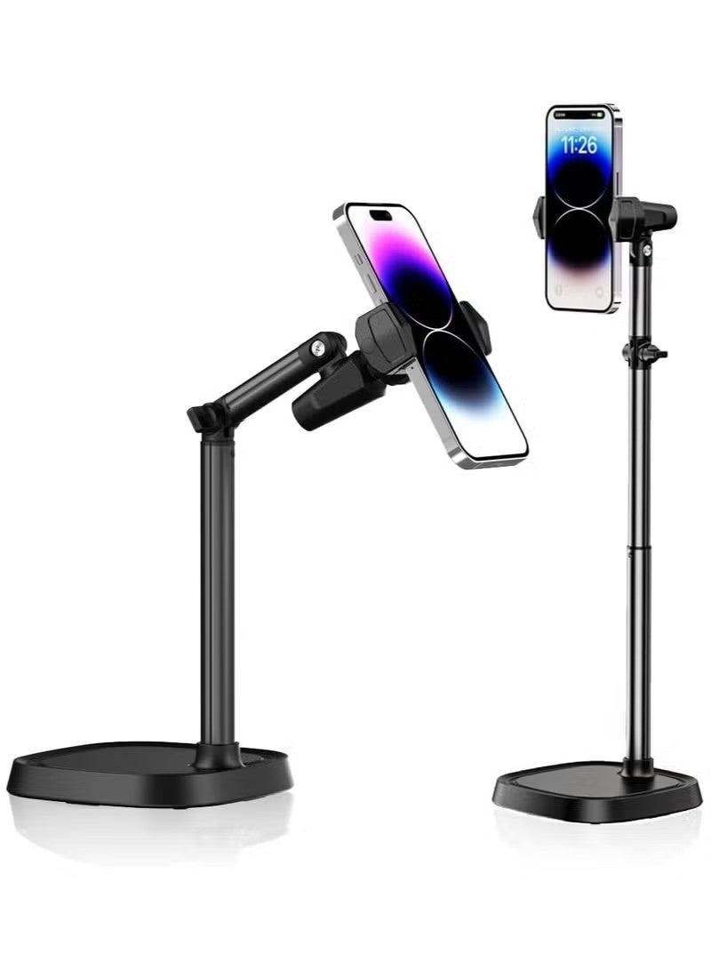 Premium 360° Flexible Phone Holder for Desk & Bedside - Telescopic Metal Stand with Height Adjustment (30-45cm) - Stable Anti-Slip Support for Watching Movies & Online Classes Black